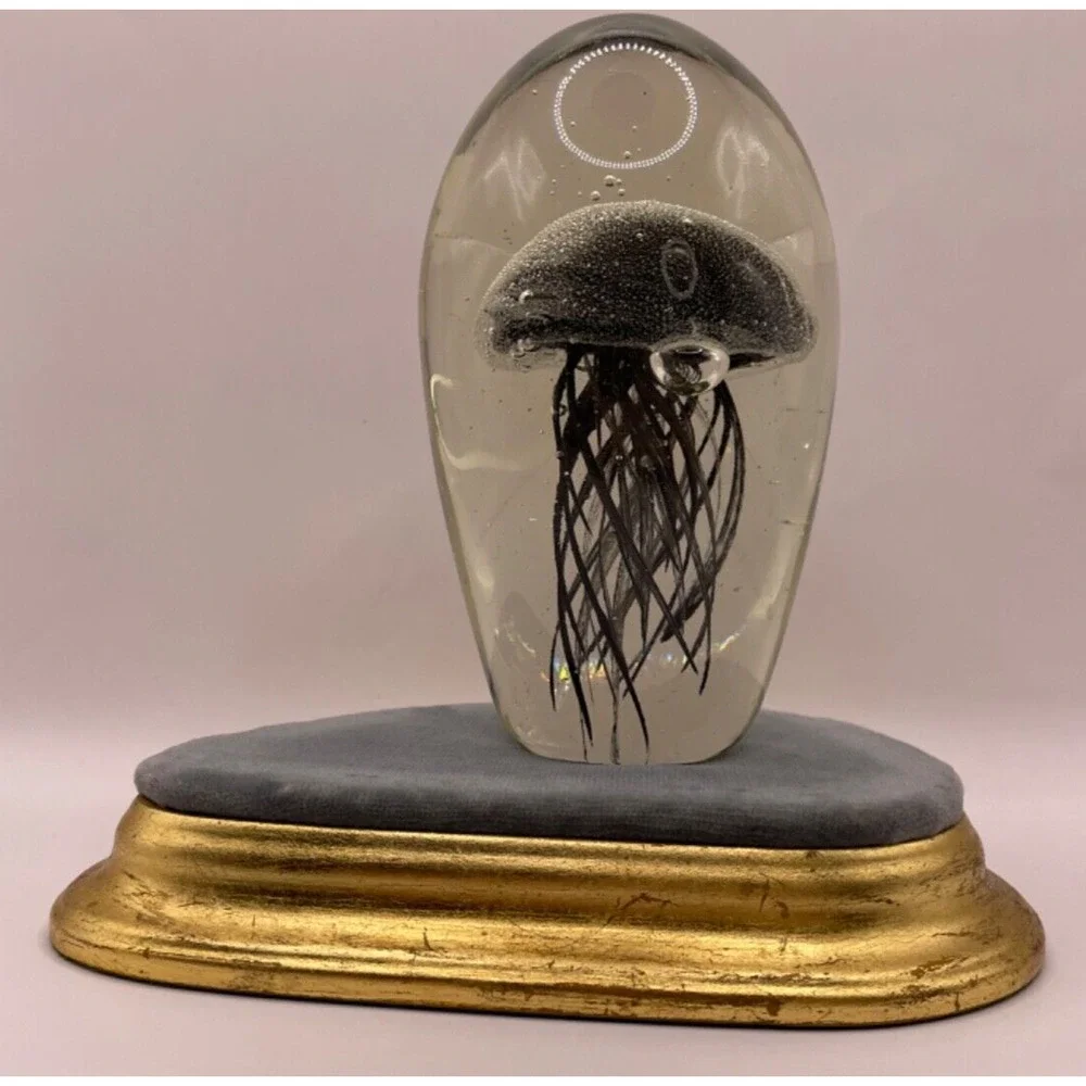 Handcrafted Murano Style Collectible Glass Detailed Jellyfish Paperweight Black